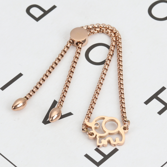 Immagine di 304 Acciaio Inossidabile Slider Regolabile Bolo Bracciale / Presentazione Oro Rosa Elefante Trasparente Strass 25.3cm - 24.3cm Lunghezza, 50 Pz