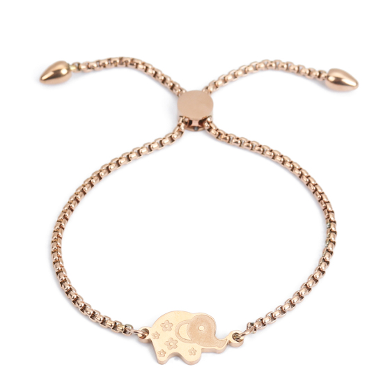 Imagen de 304 Acero Inoxidable Ajustable Slider/ Slide Pulsera Oro Rosa Elefante Flor 26.3cm - 25.3cm longitud, 50 Unidades
