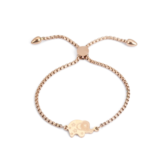 Imagen de 304 Acero Inoxidable Ajustable Slider/ Slide Pulsera Oro Rosa Elefante Flor 26.3cm - 25.3cm longitud, 50 Unidades