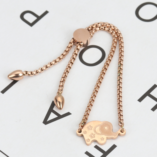 Imagen de 304 Acero Inoxidable Ajustable Slider/ Slide Pulsera Oro Rosa Elefante Flor 26.3cm - 25.3cm longitud, 50 Unidades