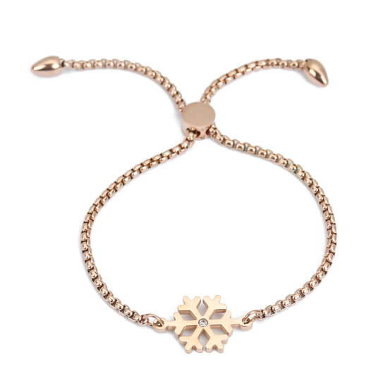 Bild von 304 Edelstahl Weihnachten Einstellbares Slider/ Slide Armband Schieberarmband Rosegold Weihnachten Schneeflocke Transparent Strass 26.3cm - 25.3cm lang, 50 Strange