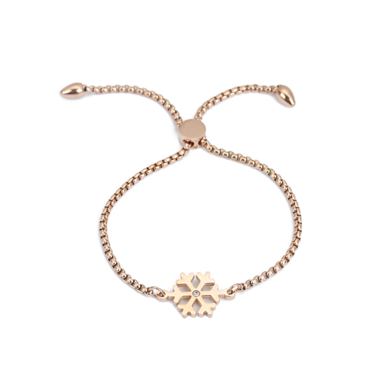 Bild von 304 Edelstahl Weihnachten Einstellbares Slider/ Slide Armband Schieberarmband Rosegold Weihnachten Schneeflocke Transparent Strass 26.3cm - 25.3cm lang, 50 Strange