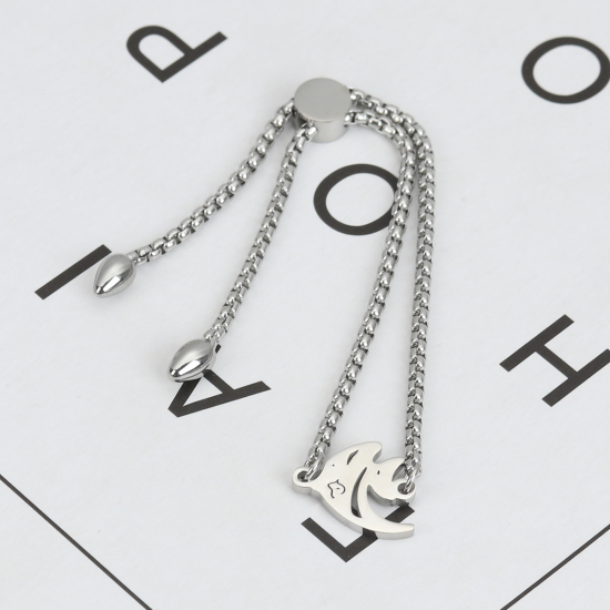 Immagine di 304 Acciaio Inossidabile Gioielli Oceanici Slider Regolabile Bolo Bracciale / Presentazione Tono Argento Pesci tropicali 26.3cm - 25.3cm Lunghezza, 1 Pz