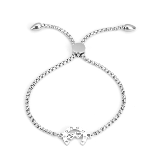 Bild von 304 Edelstahl Einstellbares Slider/ Slide Armband Schieberarmband Silberfarbe C-Form Herz Transparent Strass 26.3cm - 25.3cm lang, 50 Strange
