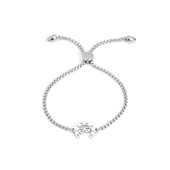 Bild von 304 Edelstahl Einstellbares Slider/ Slide Armband Schieberarmband Silberfarbe C-Form Herz Transparent Strass 26.3cm - 25.3cm lang, 50 Strange