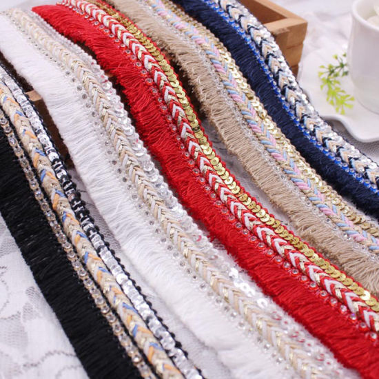 Picture of Polyester Fringe Tassel Trim Creamy-White Sequins 30mm, 1 Yard