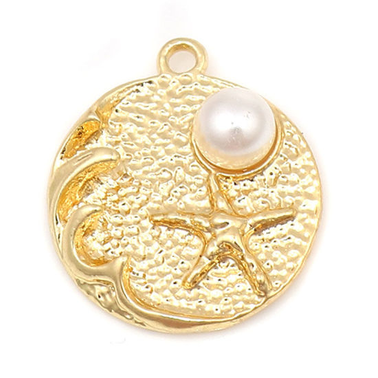 Picture of Zinc Based Alloy Ocean Jewelry Charms Round Gold Plated White Star Fish Imitation Pearl 22mm x 19mm, 10 PCs