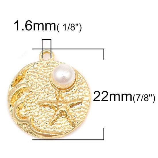 Picture of Zinc Based Alloy Ocean Jewelry Charms Round Gold Plated White Star Fish Imitation Pearl 22mm x 19mm, 10 PCs