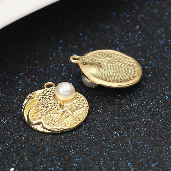 Picture of Zinc Based Alloy Ocean Jewelry Charms Round Gold Plated White Star Fish Imitation Pearl 22mm x 19mm, 10 PCs