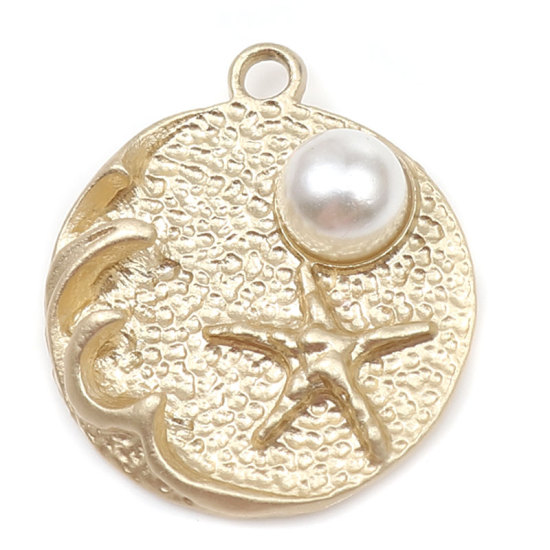 Picture of Zinc Based Alloy Ocean Jewelry Charms Round Matt Gold White Star Fish Imitation Pearl 22mm x 20mm, 5 PCs