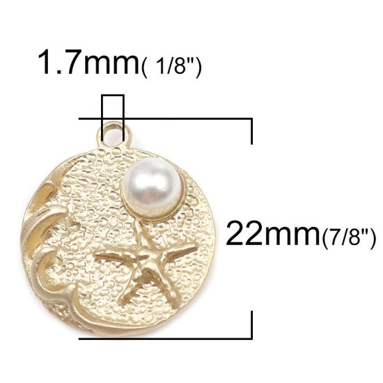 Picture of Zinc Based Alloy Ocean Jewelry Charms Round Matt Gold White Star Fish Imitation Pearl 22mm x 20mm, 5 PCs