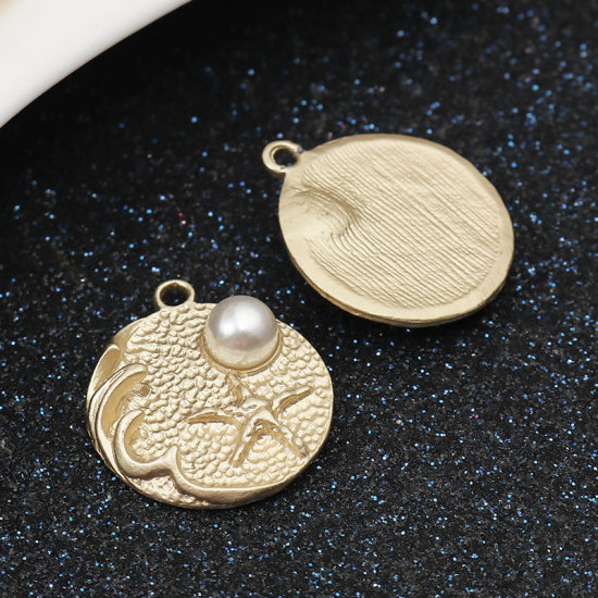 Picture of Zinc Based Alloy Ocean Jewelry Charms Round Matt Gold White Star Fish Imitation Pearl 22mm x 20mm, 5 PCs