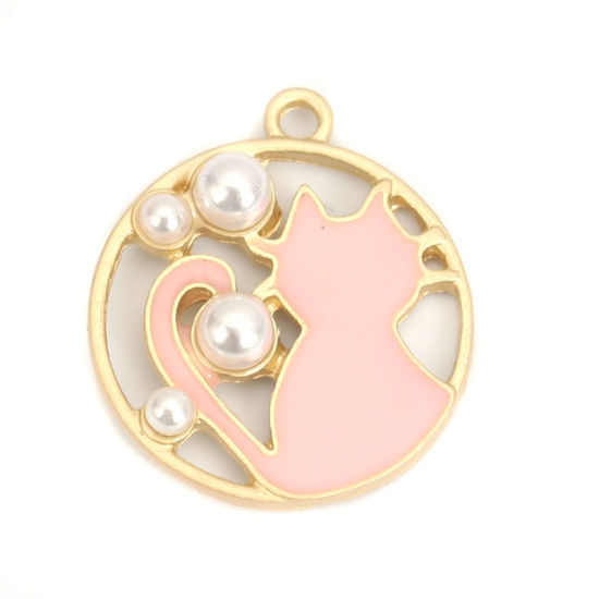 Immagine di Lega di Zinca + Acrilato Charms Tondo Oro Opaco Rosa Chiaro Gatto Imitata Perla 23mm x 20mm , 5 Pz