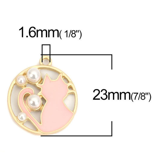 Immagine di Lega di Zinca + Acrilato Charms Tondo Oro Opaco Rosa Chiaro Gatto Imitata Perla 23mm x 20mm , 5 Pz