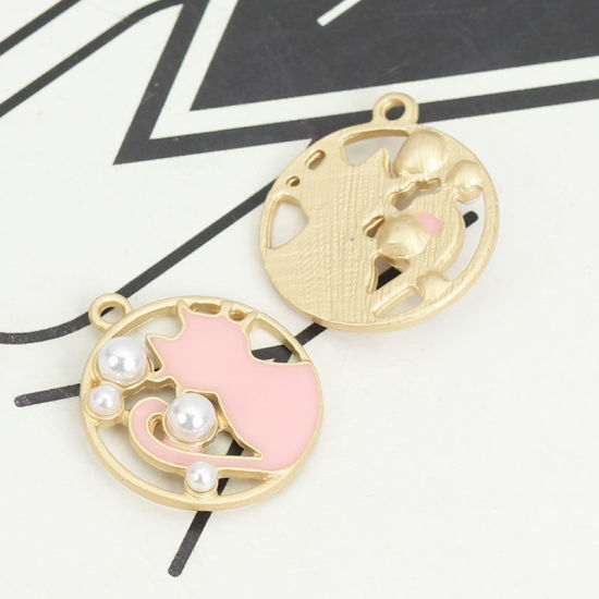 Immagine di Lega di Zinca + Acrilato Charms Tondo Oro Opaco Rosa Chiaro Gatto Imitata Perla 23mm x 20mm , 5 Pz