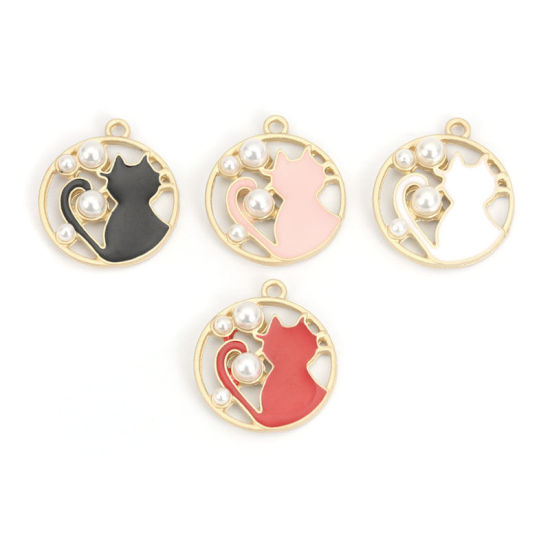 Immagine di Lega di Zinca + Acrilato Charms Tondo Oro Opaco Rosa Chiaro Gatto Imitata Perla 23mm x 20mm , 5 Pz