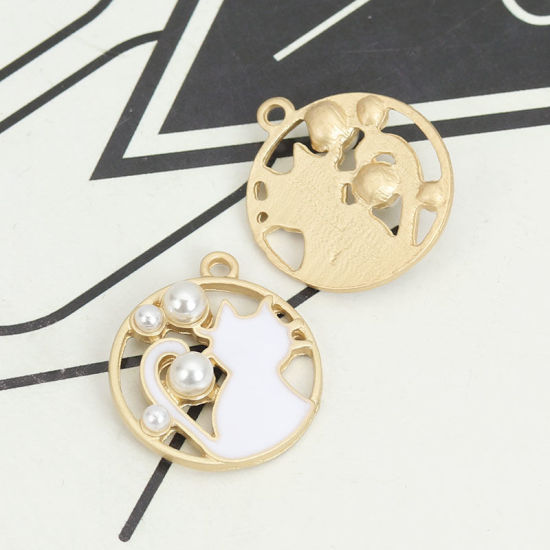 Immagine di Lega di Zinca + Acrilato Charms Tondo Oro Opaco Rosa Chiaro Gatto Imitata Perla 23mm x 20mm , 5 Pz