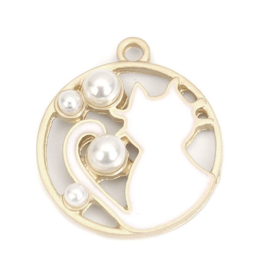 Immagine di Lega di Zinca + Acrilato Charms Tondo Oro Opaco Bianco Gatto Imitata Perla 23mm x 20mm , 5 Pz