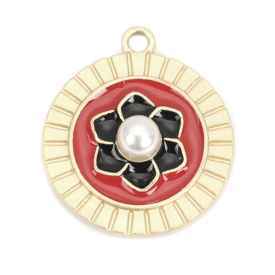 Immagine di Lega di Zinca + Acrilato Charms Tondo Oro Opaco Nero & Rosso Fiore Imitata Perla 23mm x 20mm , 5 Pz