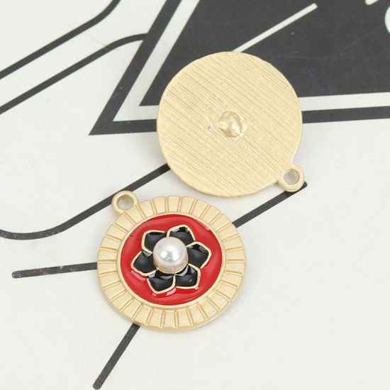 Immagine di Lega di Zinca + Acrilato Charms Tondo Oro Opaco Nero & Rosso Fiore Imitata Perla 23mm x 20mm , 5 Pz
