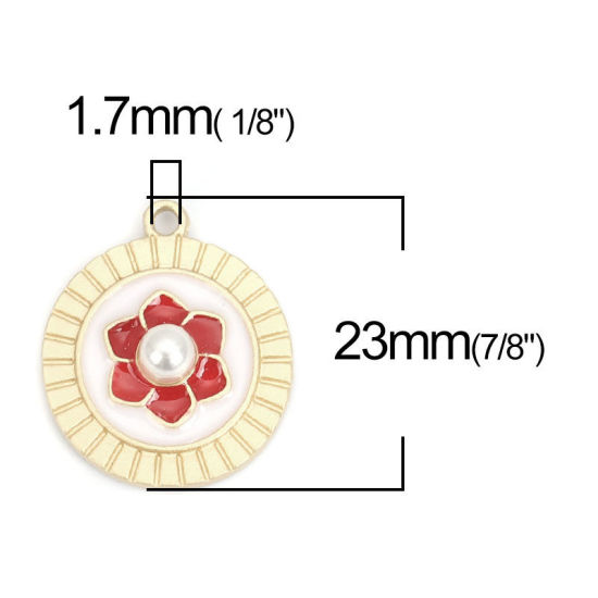 Immagine di Lega di Zinca + Acrilato Charms Tondo Oro Opaco Rosso Fiore Imitata Perla 23mm x 20mm , 5 Pz