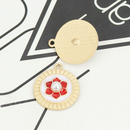 Immagine di Lega di Zinca + Acrilato Charms Tondo Oro Opaco Rosso Fiore Imitata Perla 23mm x 20mm , 5 Pz