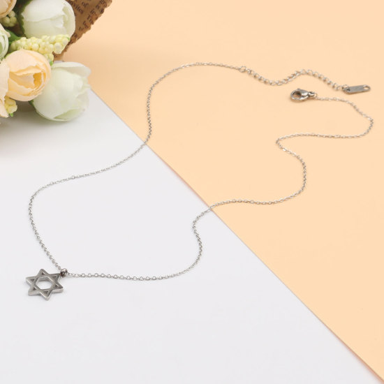 Imagen de 316 Acero Inoxidable Collares Tono de Plata Estrellas de cinco puntos 40cm - 39cm longitud, 1 Unidad