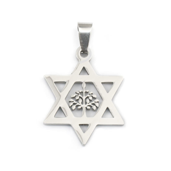 Picture of 316 Stainless Steel Pendants Star Of David Hexagram Silver Tone Tree 41mm x 26mm, 1 Piece