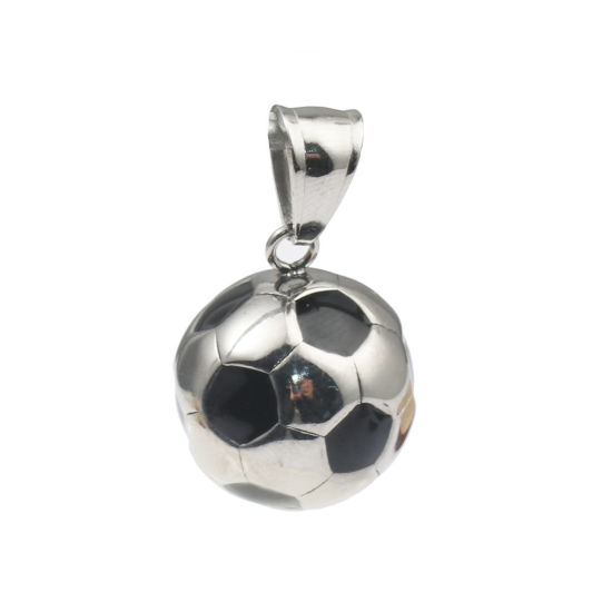 Picture of 316 Stainless Steel Pendants Football Silver Tone Black Enamel 30mm x 17mm, 1 Piece