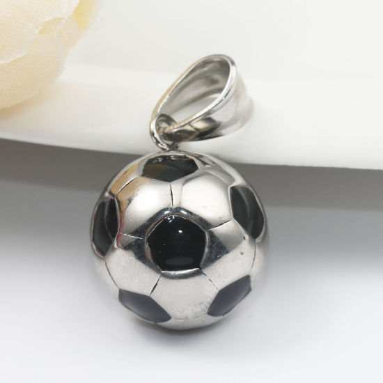 Image de Pendentifs en 316 Acier Inoxydable Football Argent Mat Noir Émail 30mm x 17mm, 1 Pièce