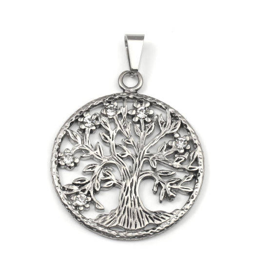 Picture of 316 Stainless Steel Pendants Round Antique Silver Color Tree Hollow Clear Rhinestone 53mm x 37mm, 1 Piece