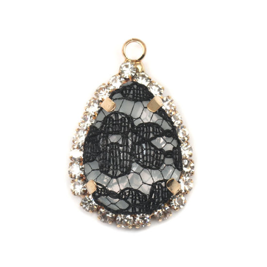 Immagine di Ottone & Acrilico Charms Goccia Oro Placcato Nero Pizzo Trasparente Strass 26mm x 17mm, 3 Pz