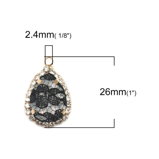 Immagine di Ottone & Acrilico Charms Goccia Oro Placcato Nero Pizzo Trasparente Strass 26mm x 17mm, 3 Pz
