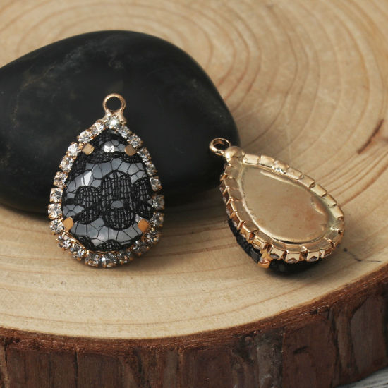 Immagine di Ottone & Acrilico Charms Goccia Oro Placcato Nero Pizzo Trasparente Strass 26mm x 17mm, 3 Pz