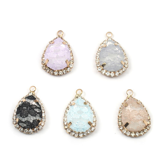 Immagine di Ottone & Acrilico Charms Goccia Oro Placcato Nero Pizzo Trasparente Strass 26mm x 17mm, 3 Pz