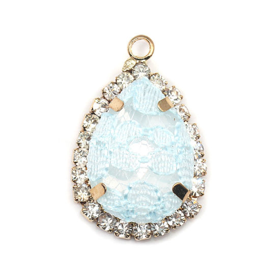 Immagine di Ottone & Acrilico Charms Goccia Oro Placcato Menta Verde Pizzo Trasparente Strass 26mm x 17mm, 3 Pz