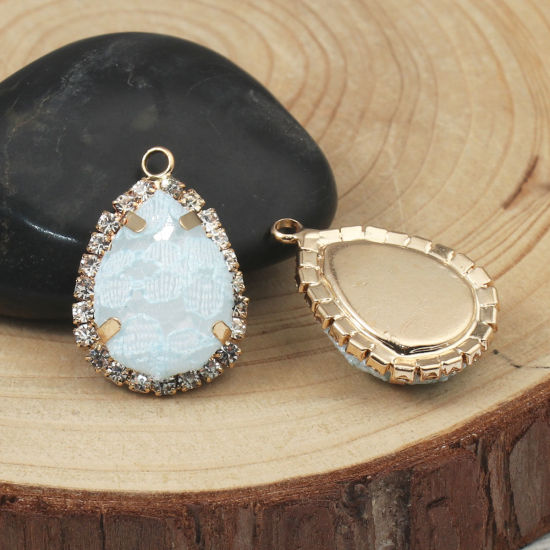 Immagine di Ottone & Acrilico Charms Goccia Oro Placcato Menta Verde Pizzo Trasparente Strass 26mm x 17mm, 3 Pz