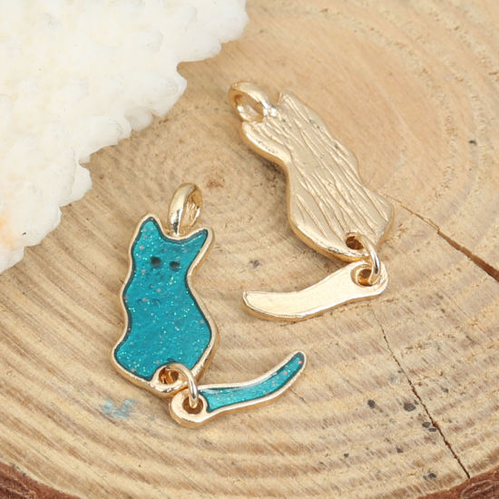 Imagen de Zamak Esmalte Colgantes Gato KC Dorado Verde Pavo Real Brillo 32mm x 9mm, 10 Unidades