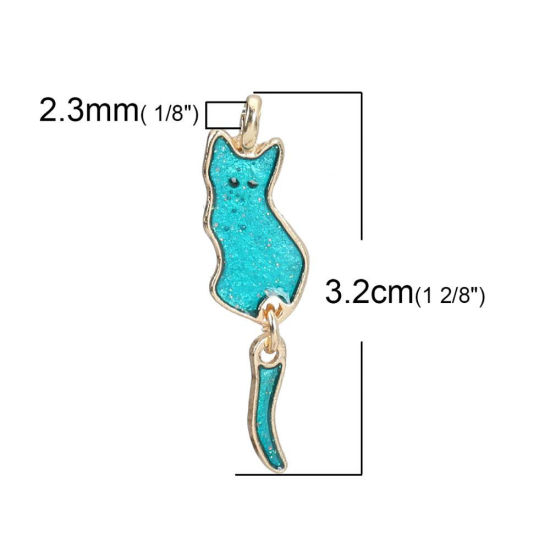 Imagen de Zamak Esmalte Colgantes Gato KC Dorado Verde Pavo Real Brillo 32mm x 9mm, 10 Unidades