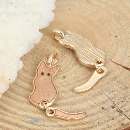 Imagen de Zamak Esmalte Colgantes Gato KC Dorado Verde Pavo Real Brillo 32mm x 9mm, 10 Unidades