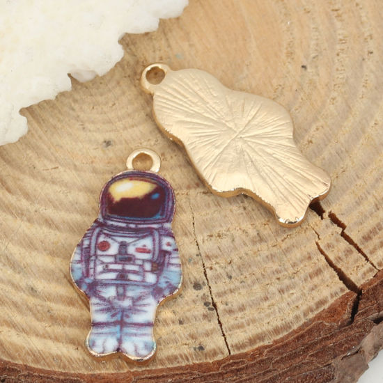 Immagine di Lega di Zinco Galassia Charms Astronauta KC Placcato Oro Blu Scuro Smalto 23mm x 11mm , 10 Pz