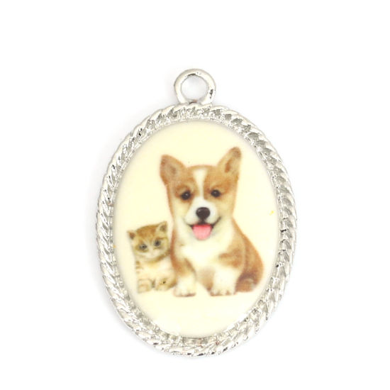Imagen de Zamak Colgantes Charms Óvalo Tono de Plata Off-white Perro Esmalte 25mm x 17mm, 10 Unidades