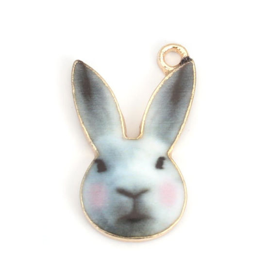 Picture of Zinc Based Alloy Charms Rabbit Animal KC Gold Plated Dark Gray Enamel 19mm x 11mm, 10 PCs