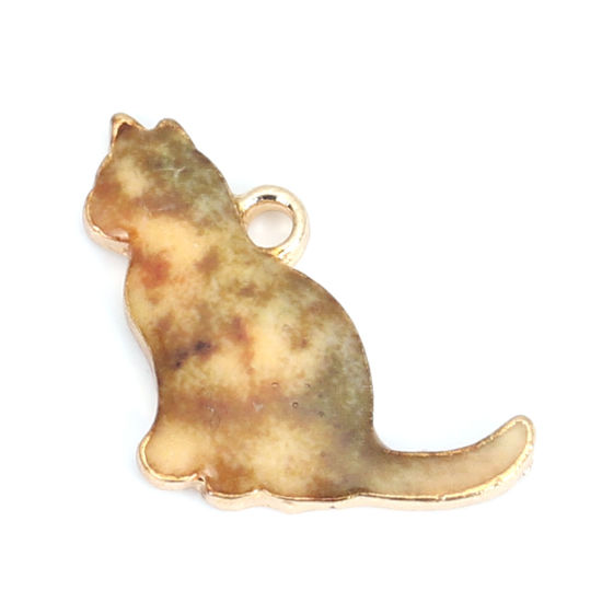 Picture of Zinc Based Alloy Charms Cat Animal KC Gold Plated Khaki Enamel 17mm x 16mm, 10 PCs