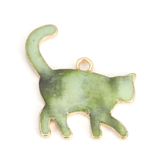 Immagine di Lega di Zinco Charms Gatto KC Placcato Oro Verde Smalto 21mm x 20mm , 10 Pz