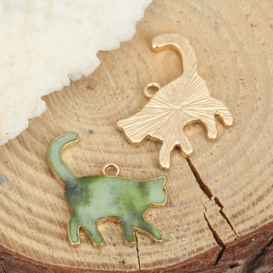 Immagine di Lega di Zinco Charms Gatto KC Placcato Oro Verde Smalto 21mm x 20mm , 10 Pz