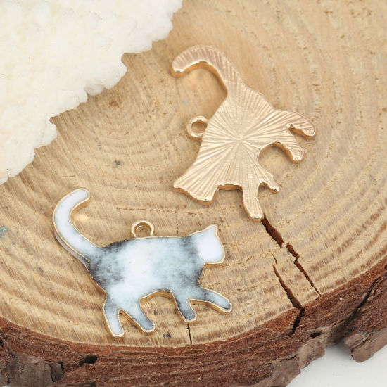 Immagine di Lega di Zinco Charms Gatto KC Placcato Oro Bianco & Grigio Smalto 21mm x 20mm , 10 Pz