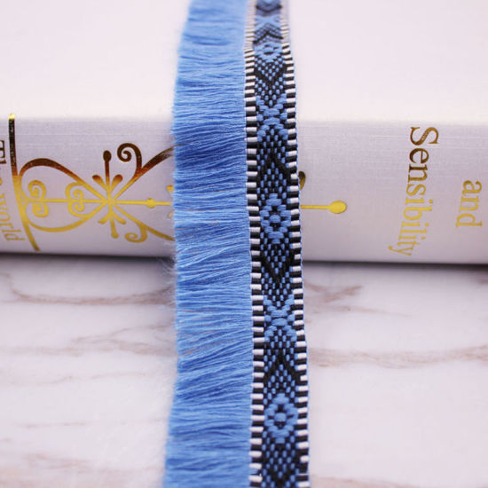 Image de Dentelle de Franges Pompons Glands en Polyamide Nylon Bleu 33mm, 3 Yards
