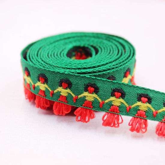 Image de Dentelle de Franges Pompons Glands en Polyester Rouge & Vert 15mm, 2 Yards