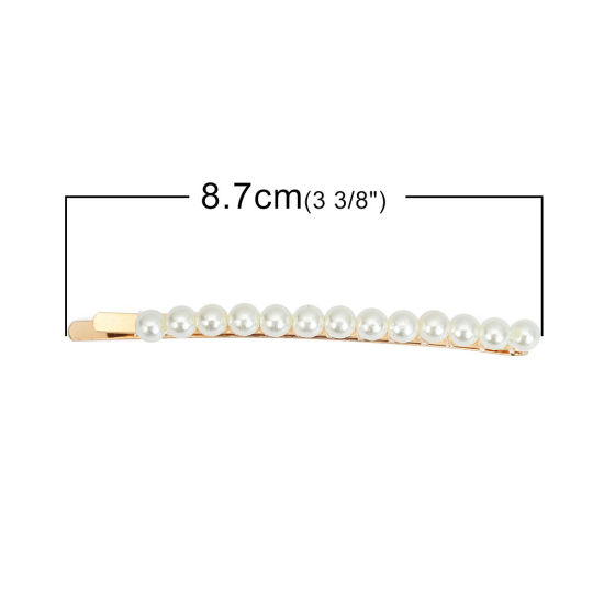 Picture of Zinc Based Alloy & Acrylic Hair Clips Findings Gold Plated White Imitation Pearl 87mm x 6mm, 2 PCs